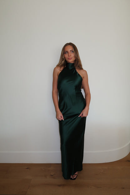 Emerald High-Neck Satin Maxi
