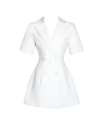 Madelina White Double Breast Satin Trim Blazer Dress