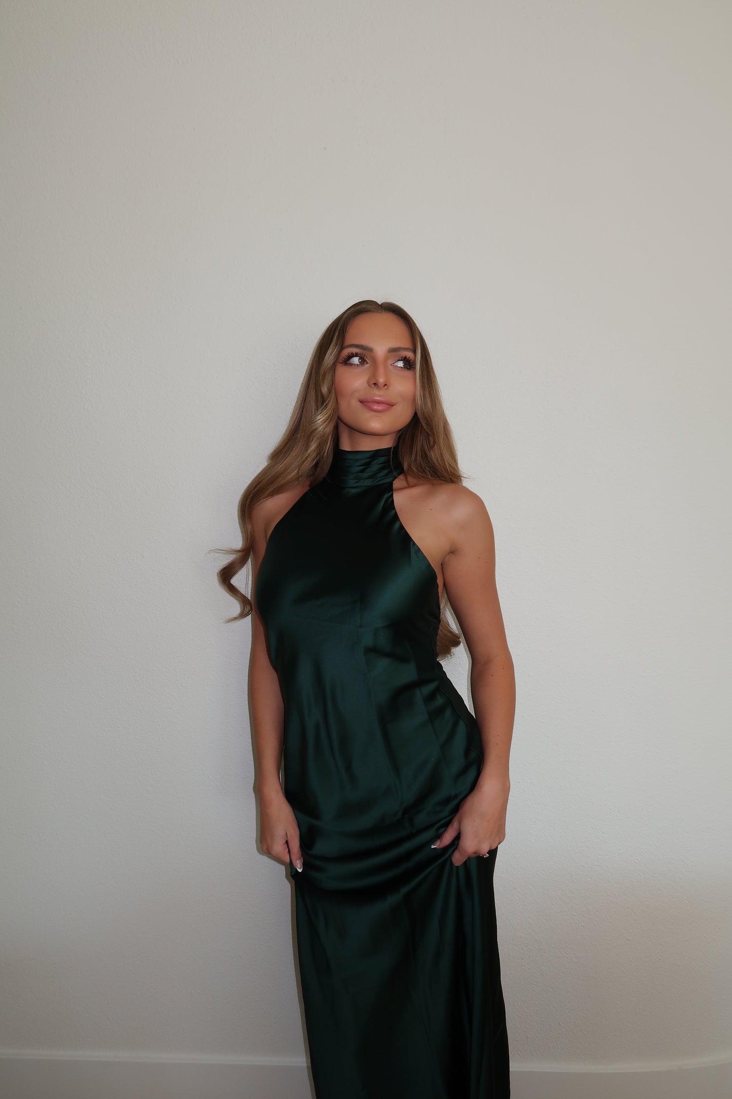 Emerald High-Neck Satin Maxi