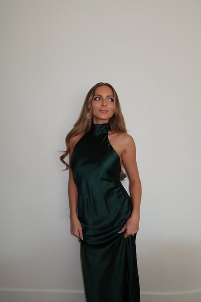 Emerald High-Neck Satin Maxi