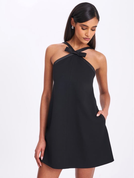 Caitlin black satin trim mini dress with bow