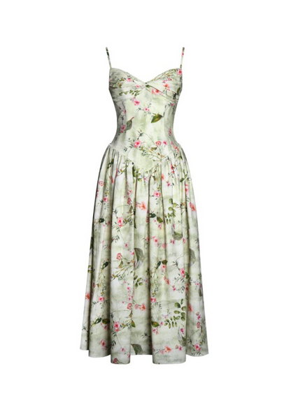 Jacinda Green Floral Print Ruched Breast Linen Midi Dress