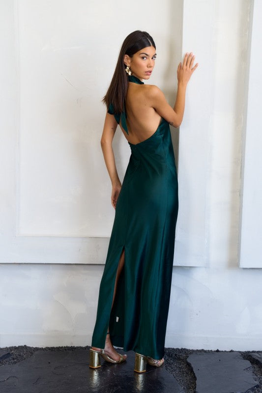 Emerald High-Neck Satin Maxi