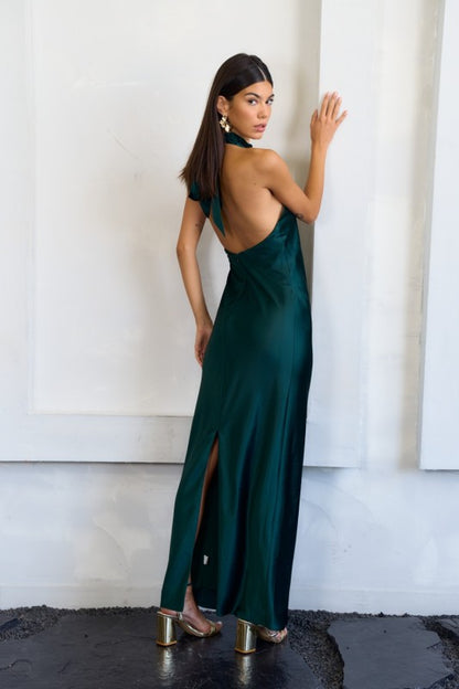 Emerald High-Neck Satin Maxi