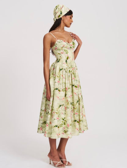 Jacinda Green Floral Print Ruched Breast Linen Midi Dress