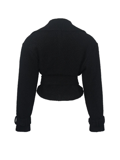 Dara Black Wool Blend Cropped Double-Breasted Belted Coat