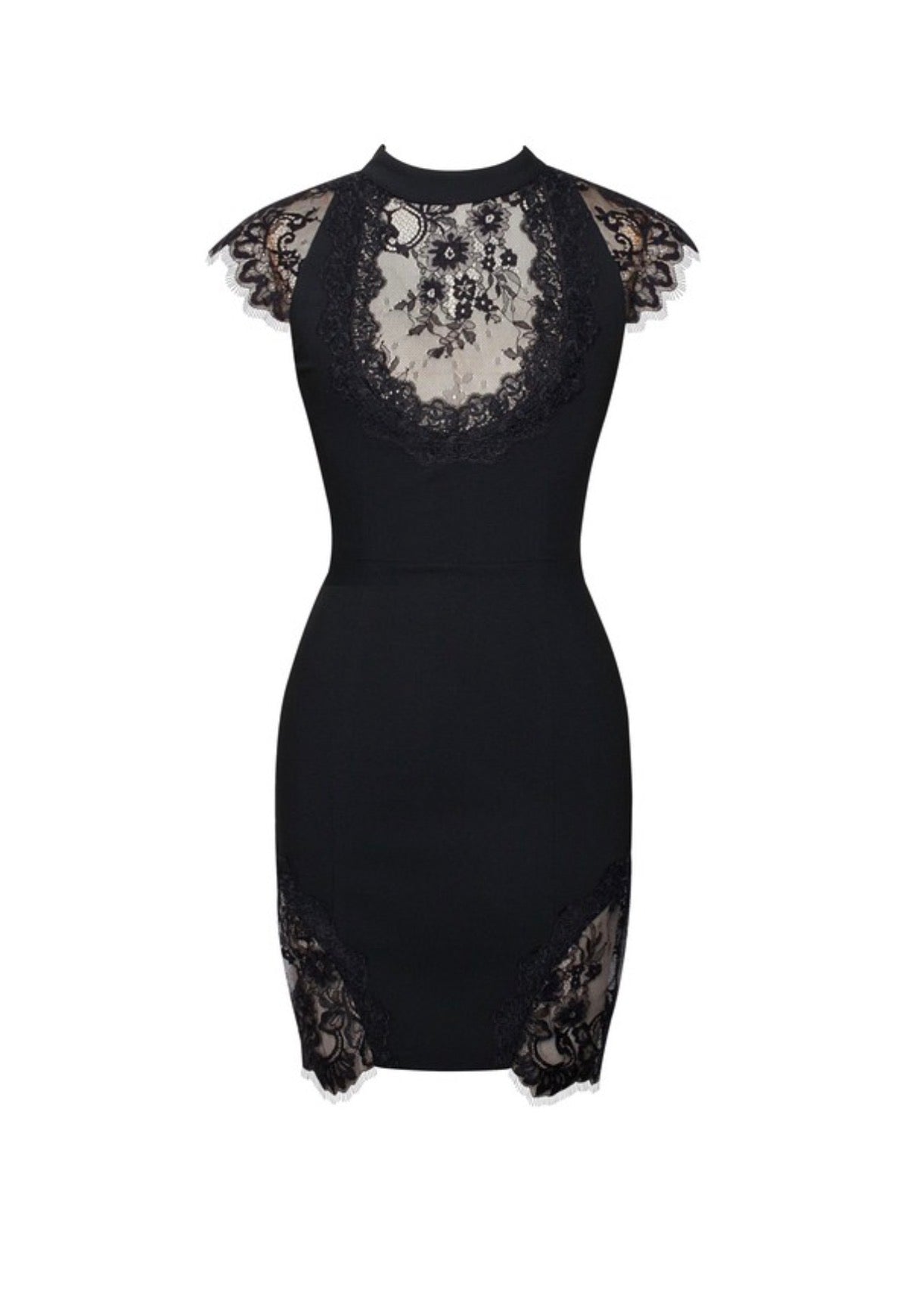 Quinella black lace crepe backless mini dress