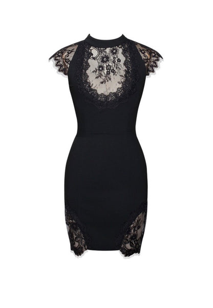 Quinella black lace crepe backless mini dress