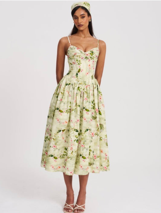 Jacinda Green Floral Print Ruched Breast Linen Midi Dress