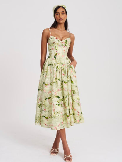 Jacinda Green Floral Print Ruched Breast Linen Midi Dress