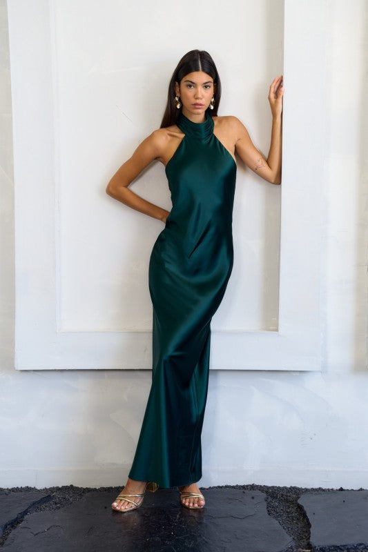 Emerald High-Neck Satin Maxi