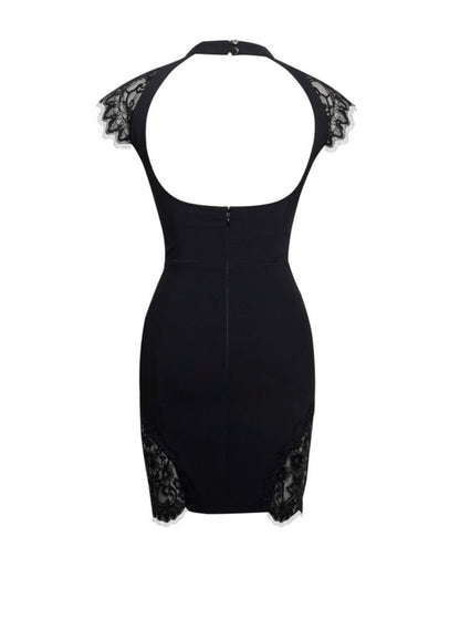 Quinella black lace crepe backless mini dress